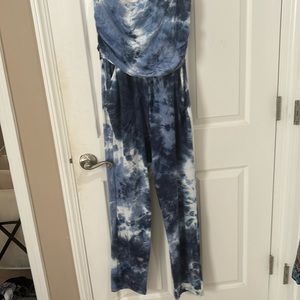 Blue tie-dyed, pocketed, strapless, jumpsuit, size large